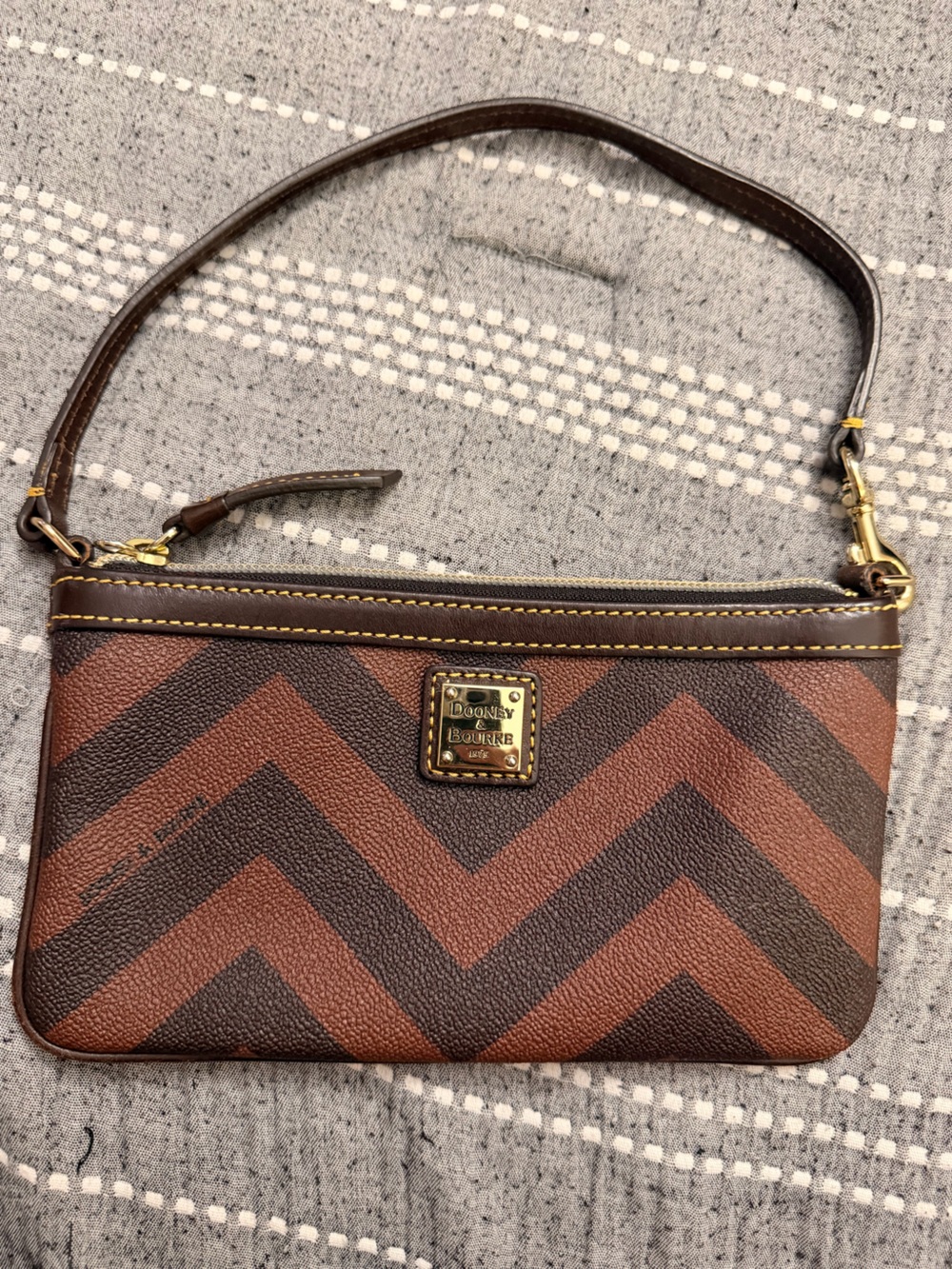 Dooney & Bourke Brown Chevron Wristlet with Gold Hardware
